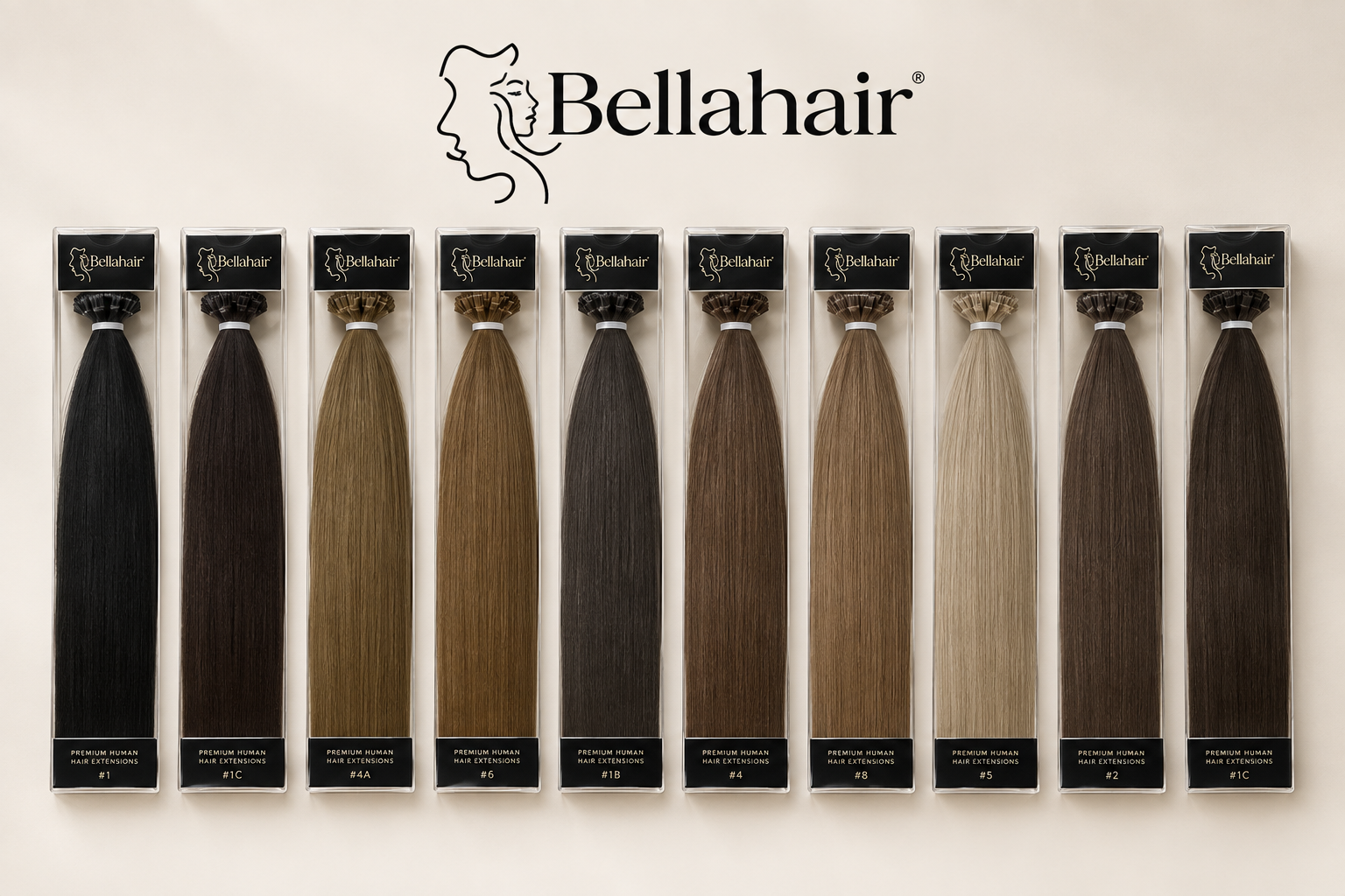 Empaque premium transparente Bella Hair con tapa negra