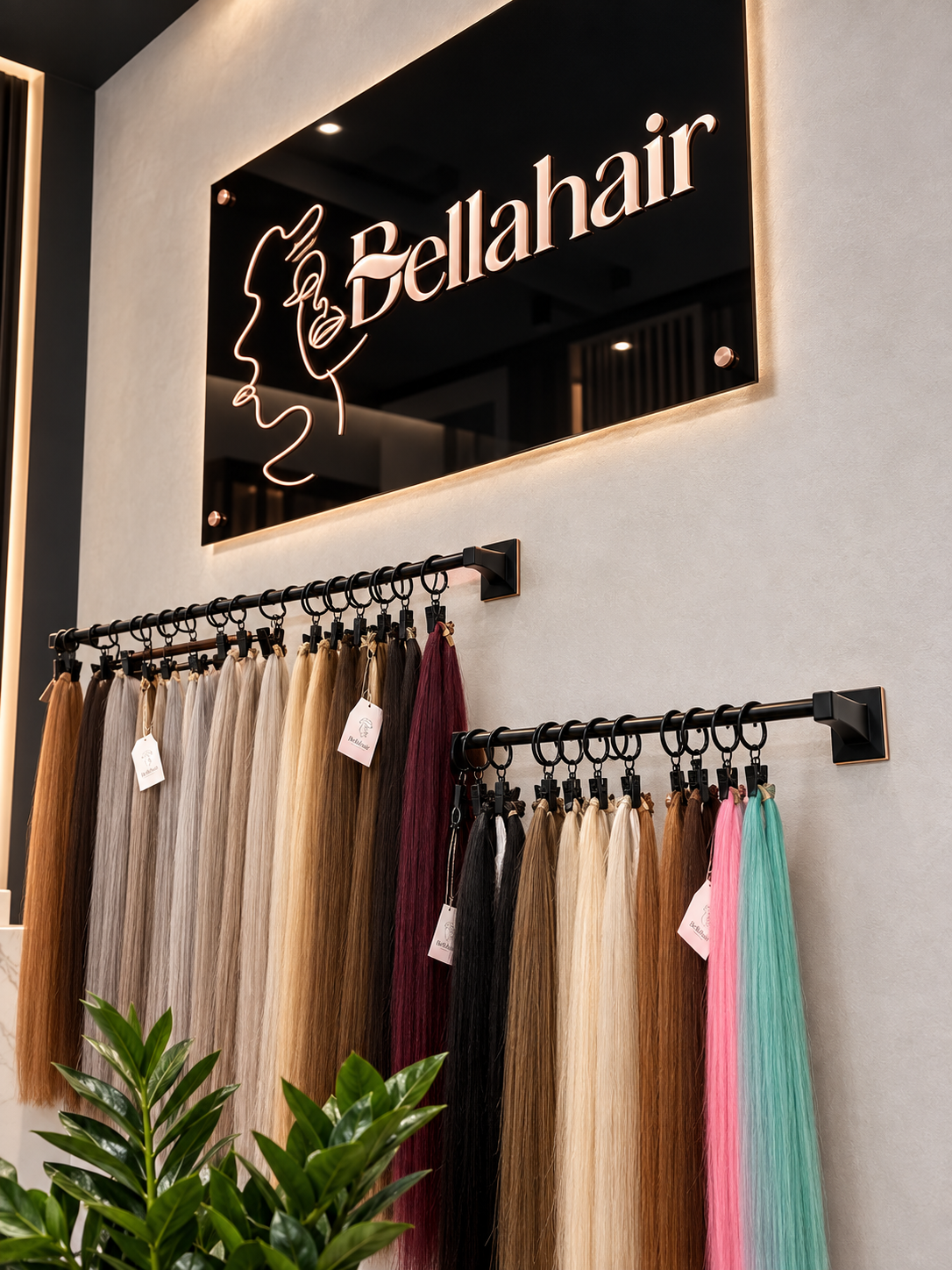 Salón Bella Hair con muestrarios de cabello en exposición